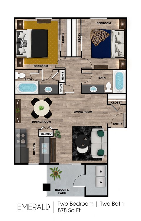 A floor plan of a two bedroom apartment with two bathrooms.